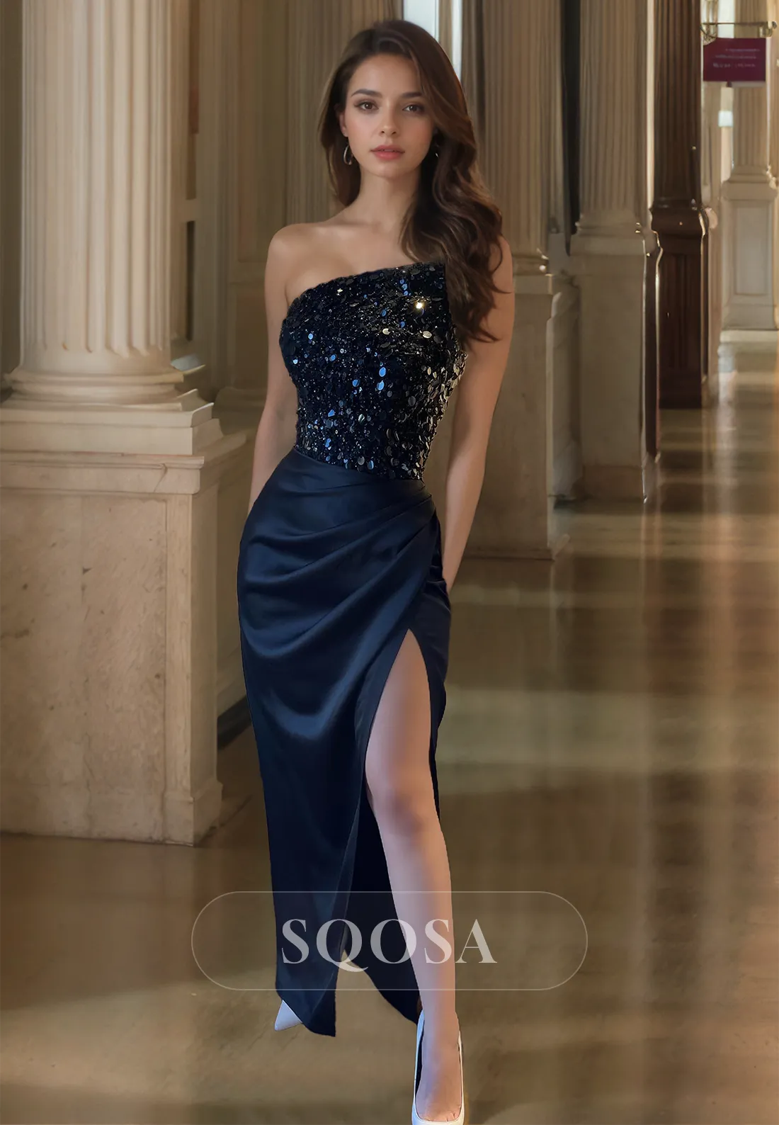 Asymmetrical-Neck Off-Shoulder Pleated Mermaid Prom Dress Beaded Sequins Floor-Length Party Gowns
