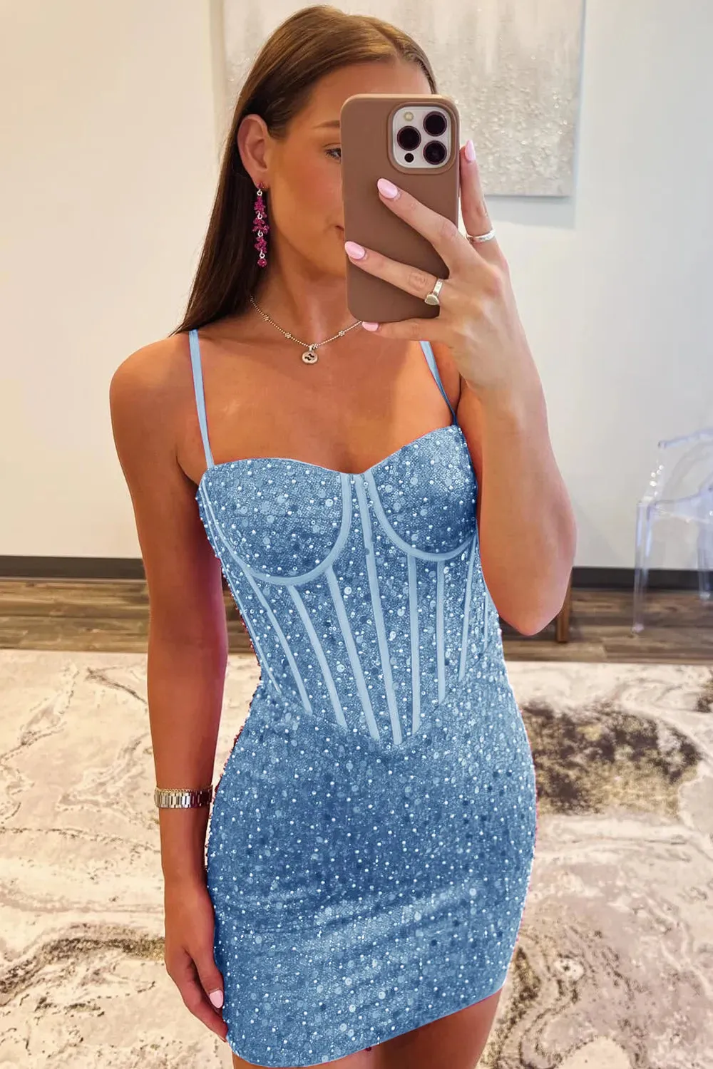 Bodycon Sweetheart Blue Sequins Short Tight Homecoming Dress VK081607
