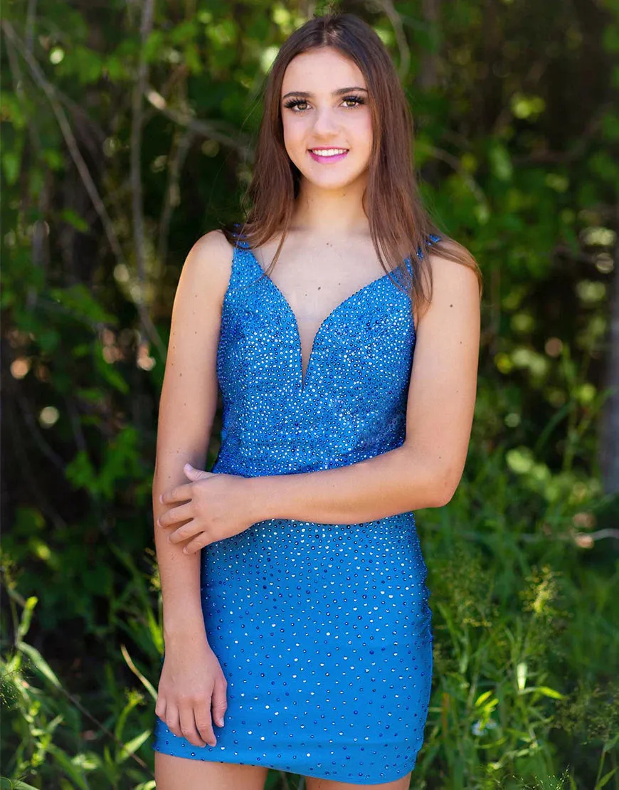 Cute Bodycon V Neck Blue Sparkly Tight Short Homecoming Dresses VK24082320