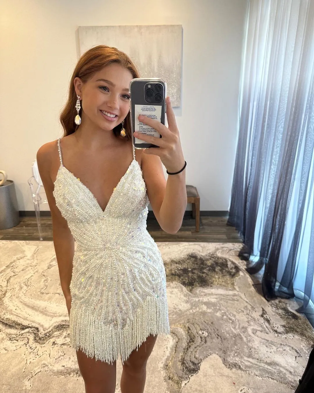 Cute Bodycon V Neck White Sequins Homecoming Dress with Peals VK23061401