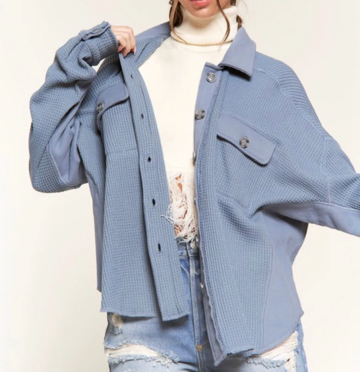 Dusty Blue Waffleknit Shacket