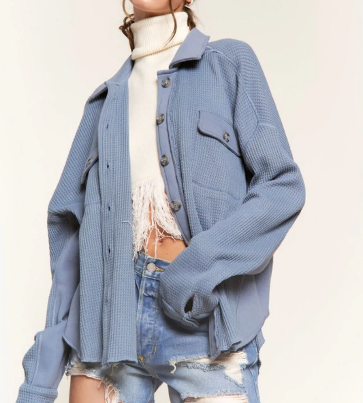 Dusty Blue Waffleknit Shacket