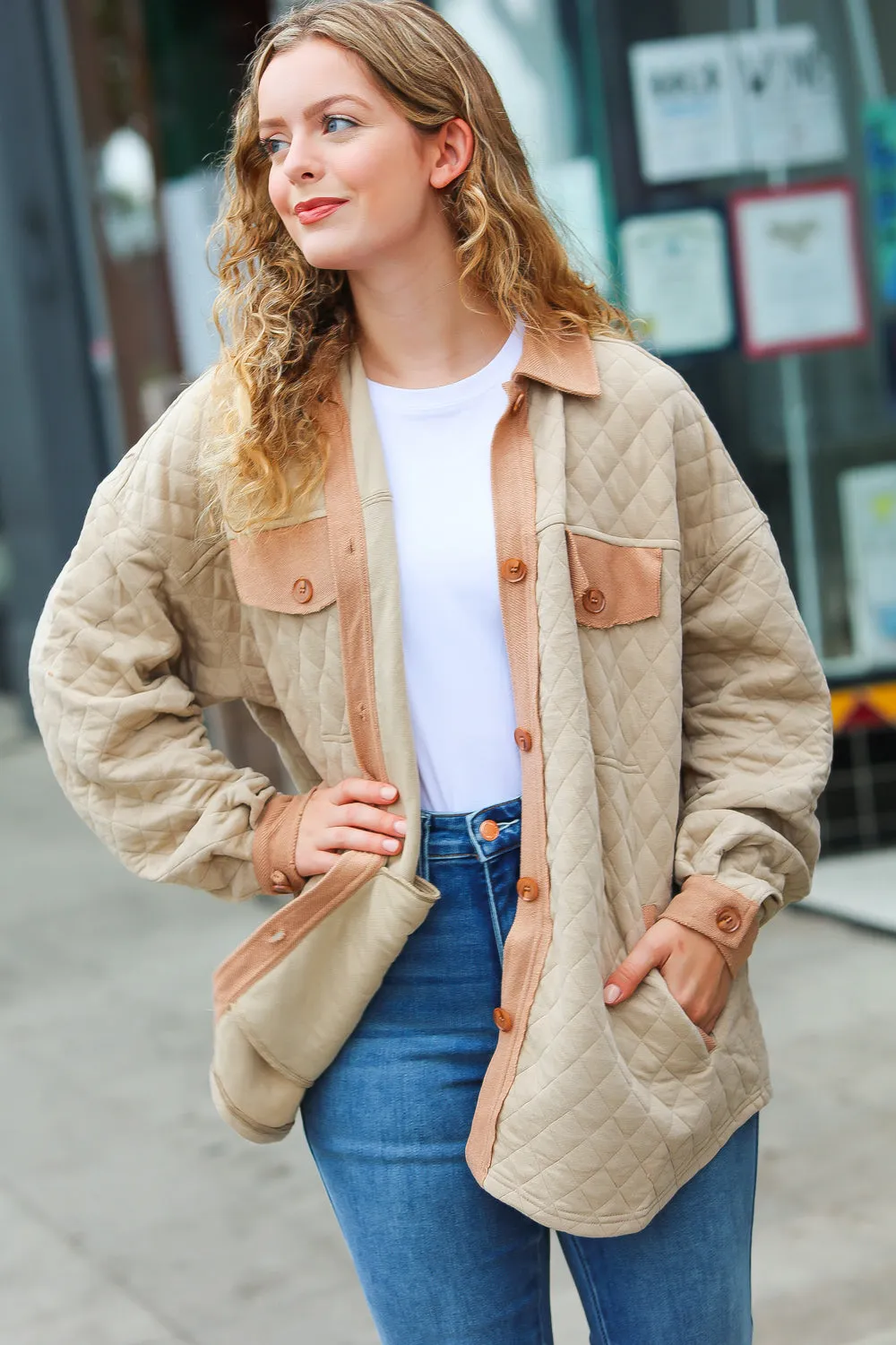 Eyes On You Taupe Quilted Knit Button Down Shacket (Open Pack)