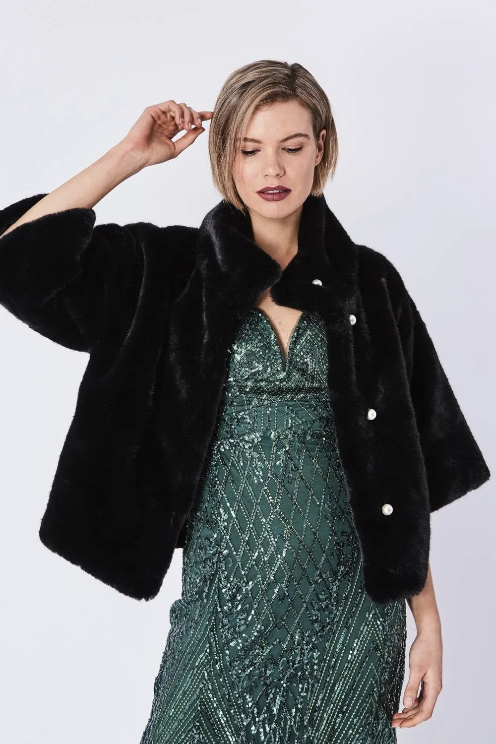 Faux Fur Jacket With Pearls