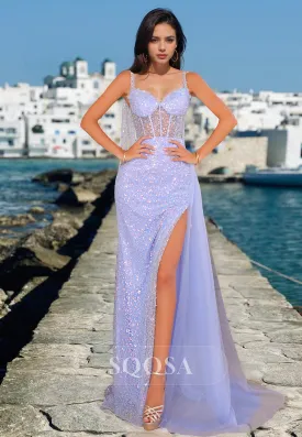 Fully Sequined Sweetheart Sleeveless Party Gowns Spaghetti Straps Pleated Tulle Mermaid Prom Dress