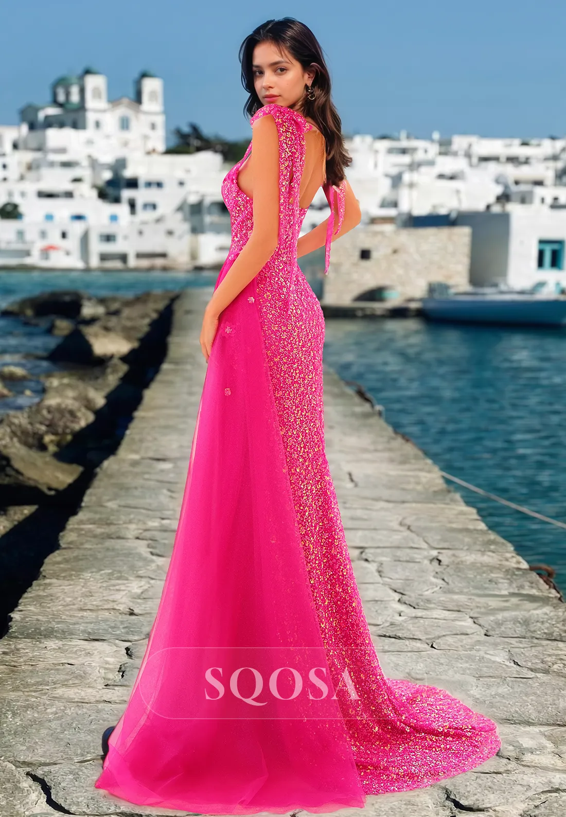Fully Sequined Sweetheart Sleeveless Party Gowns Spaghetti Straps Pleated Tulle Mermaid Prom Dress
