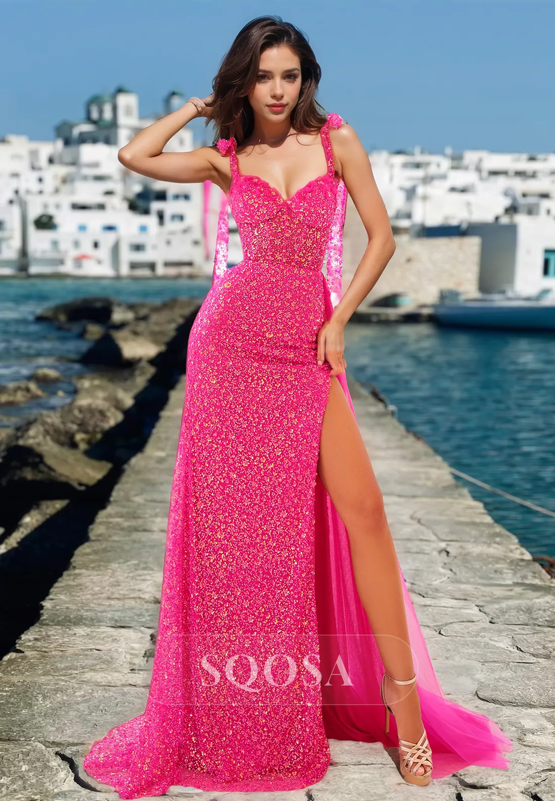 Fully Sequined Sweetheart Sleeveless Party Gowns Spaghetti Straps Pleated Tulle Mermaid Prom Dress