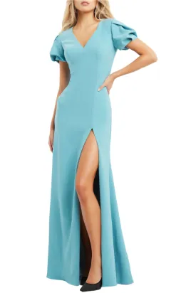 Jovani V-neck short bodycon zipper closure slit front scuba crepe gown