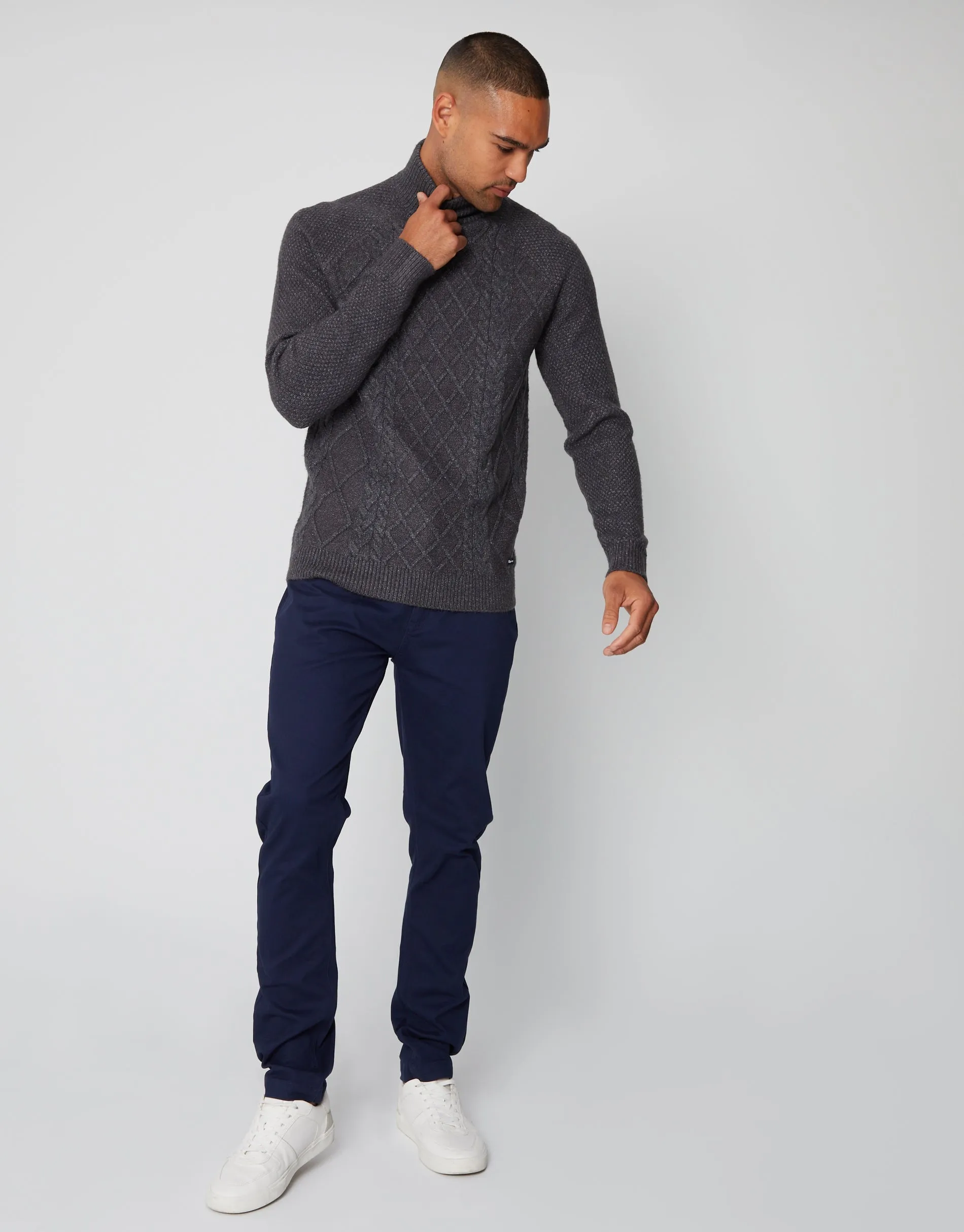 Men's Charcoal Cable Knit Turtle Neck Jumper
