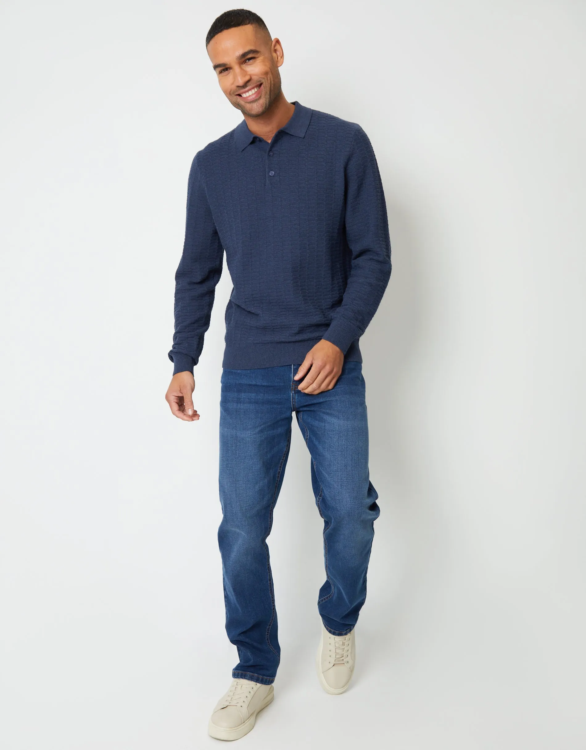 Men's Denim Blue Long Sleeve Textured Knitted Polo Jumper