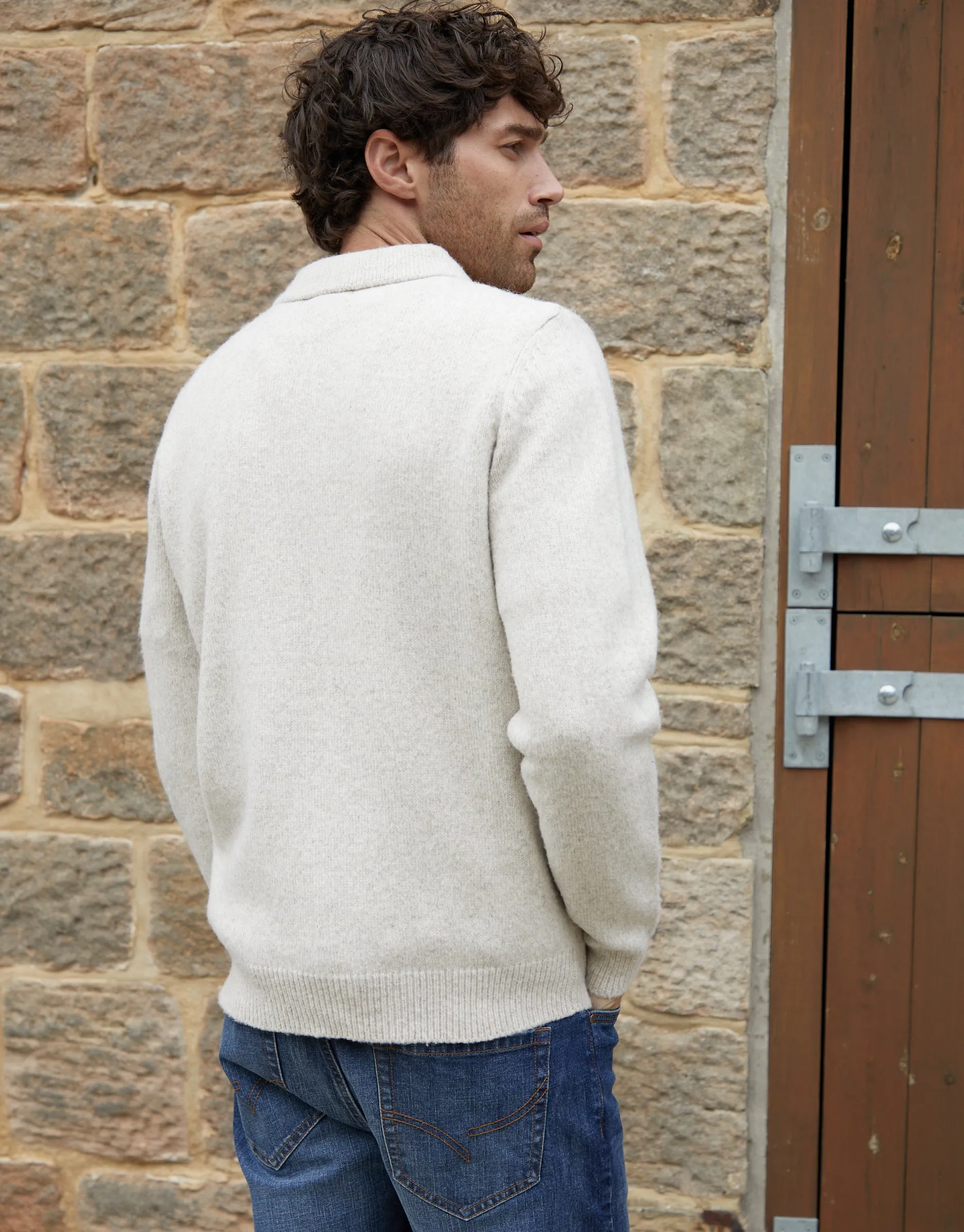 Men's Ecru Marl Long Sleeve Quarter Zip Polo Jumper