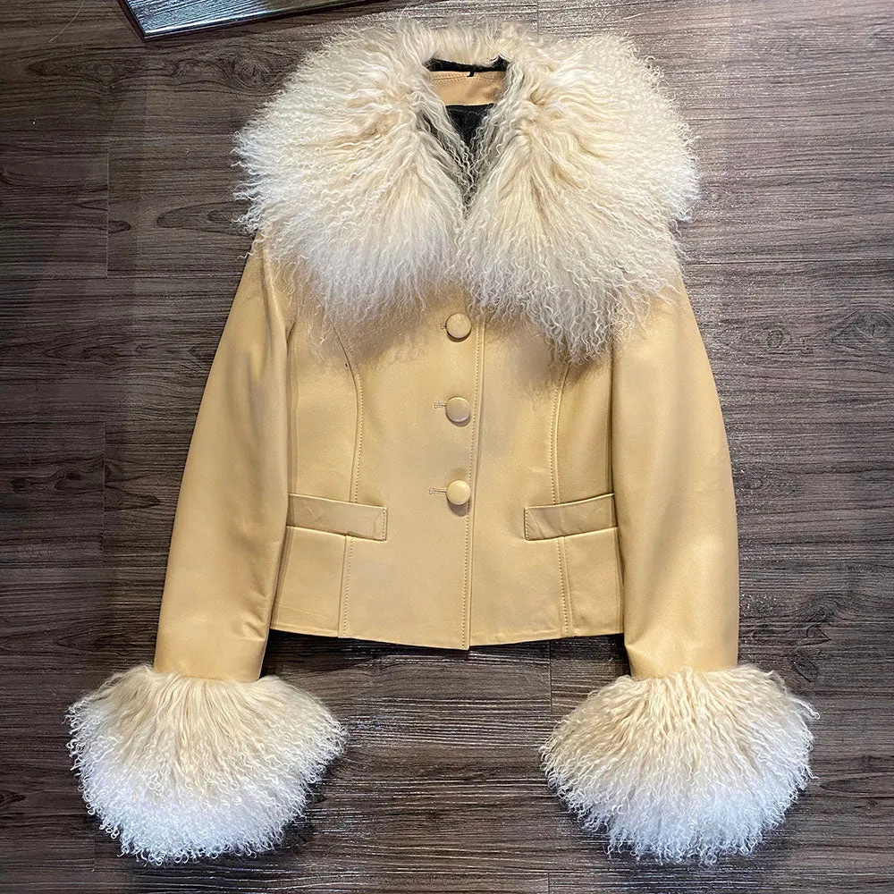 Mongolian Curly Sheep Fur Collar Leather Jacket