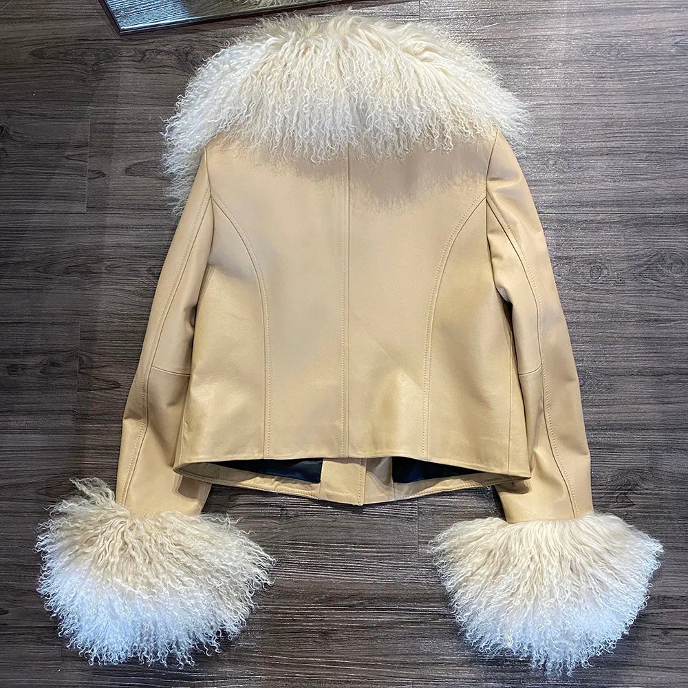 Mongolian Curly Sheep Fur Collar Leather Jacket
