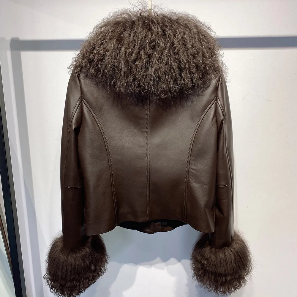 Mongolian Curly Sheep Fur Collar Leather Jacket