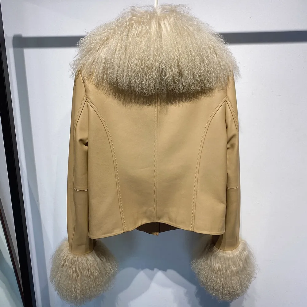 Mongolian Curly Sheep Fur Collar Leather Jacket