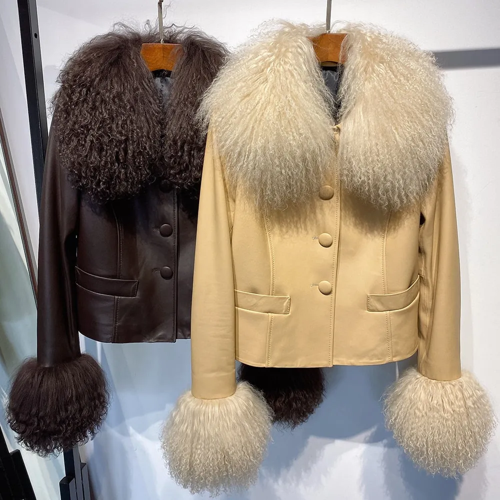 Mongolian Curly Sheep Fur Collar Leather Jacket