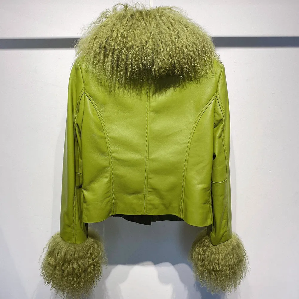Mongolian Curly Sheep Fur Collar Leather Jacket
