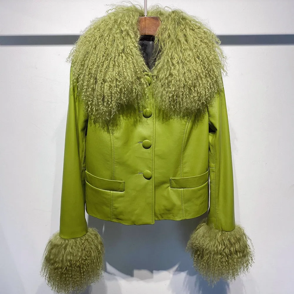 Mongolian Curly Sheep Fur Collar Leather Jacket