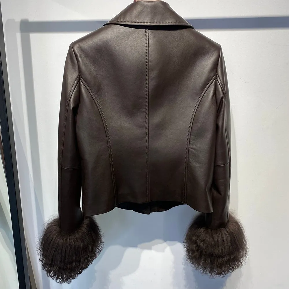 Mongolian Curly Sheep Fur Collar Leather Jacket