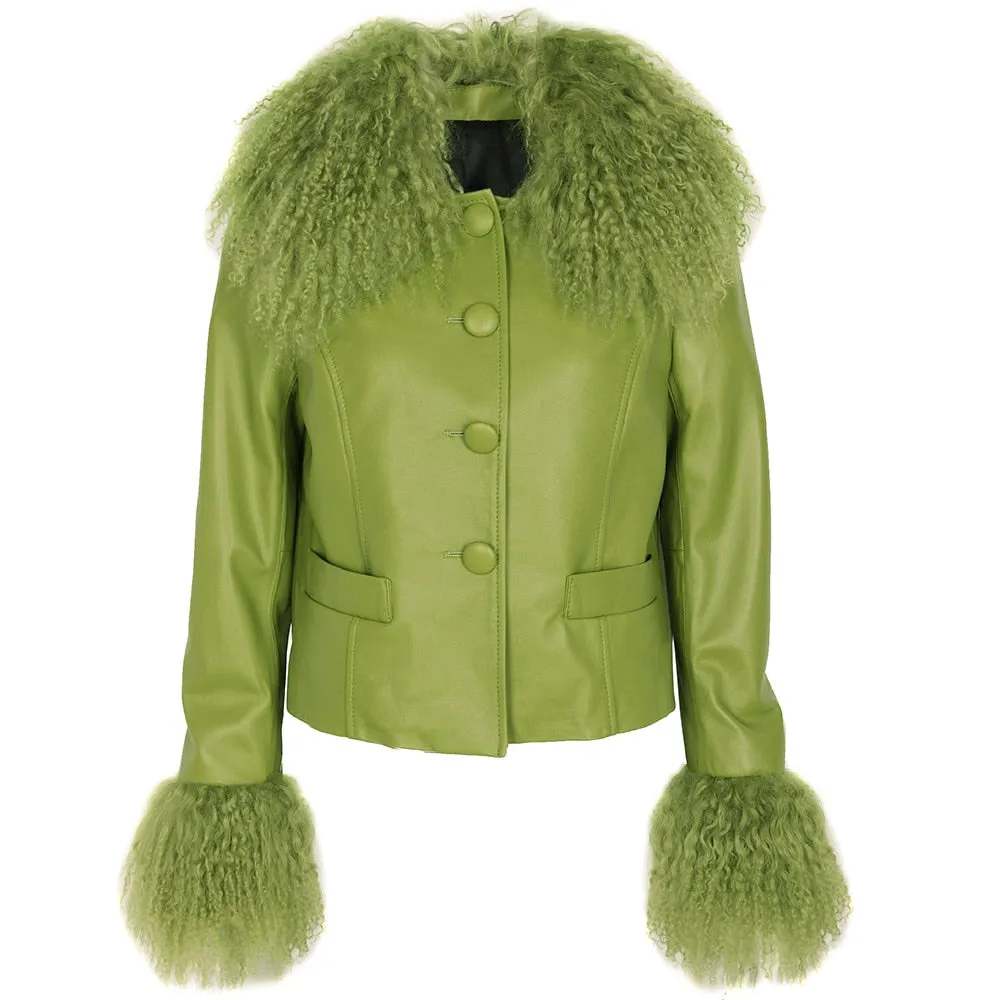 Mongolian Curly Sheep Fur Collar Leather Jacket