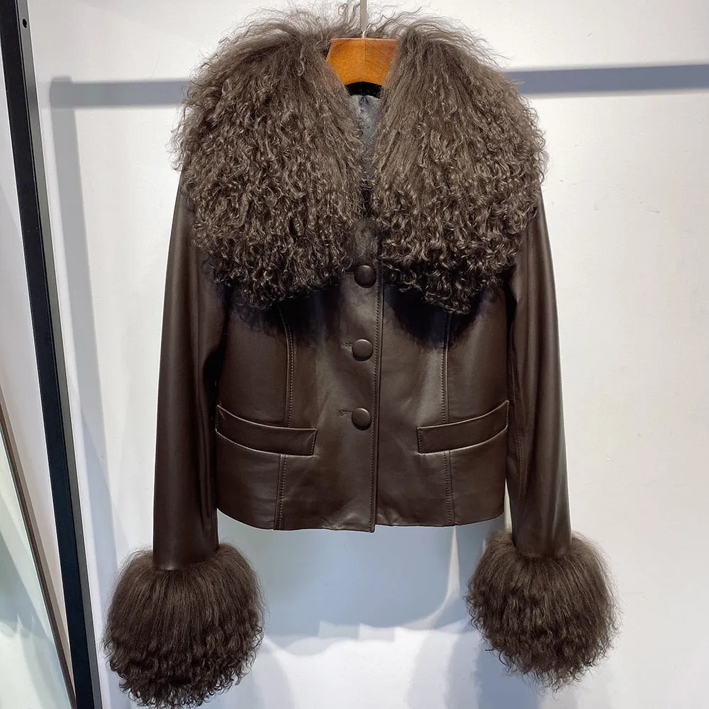 Mongolian Curly Sheep Fur Collar Leather Jacket