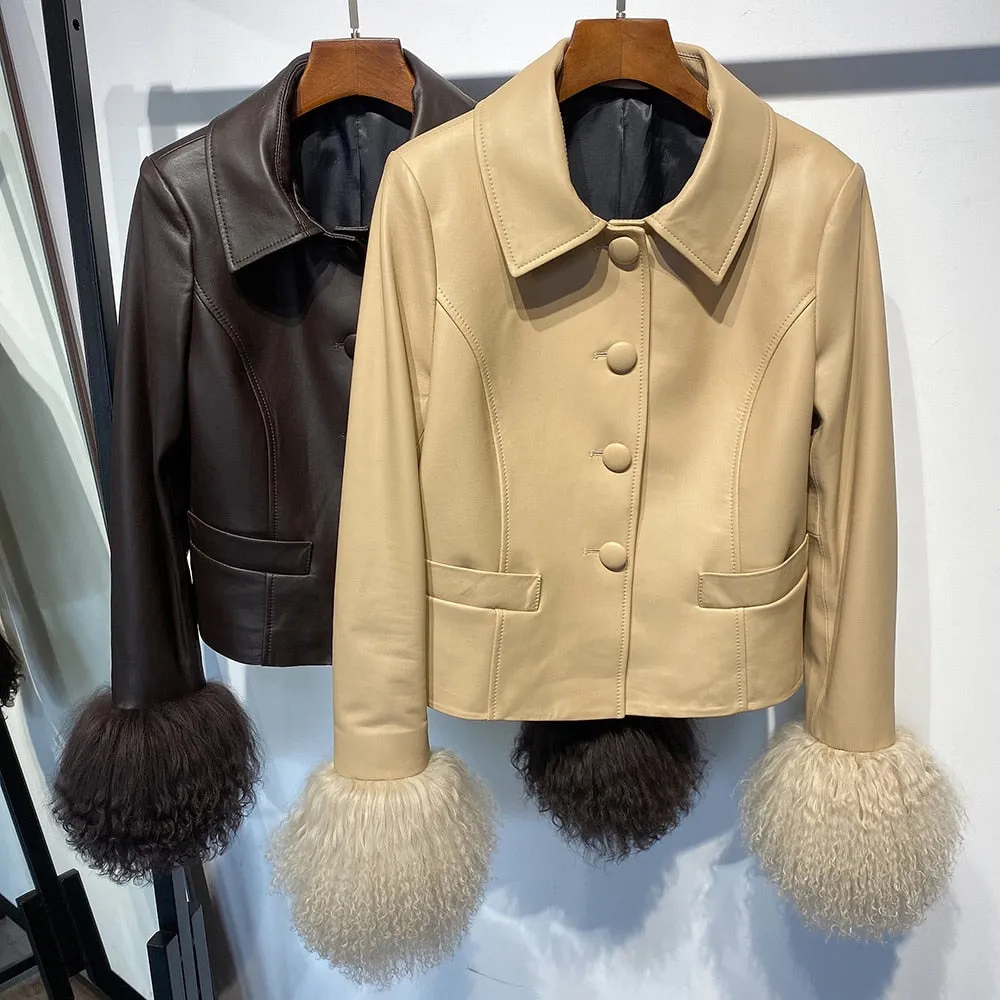 Mongolian Curly Sheep Fur Collar Leather Jacket