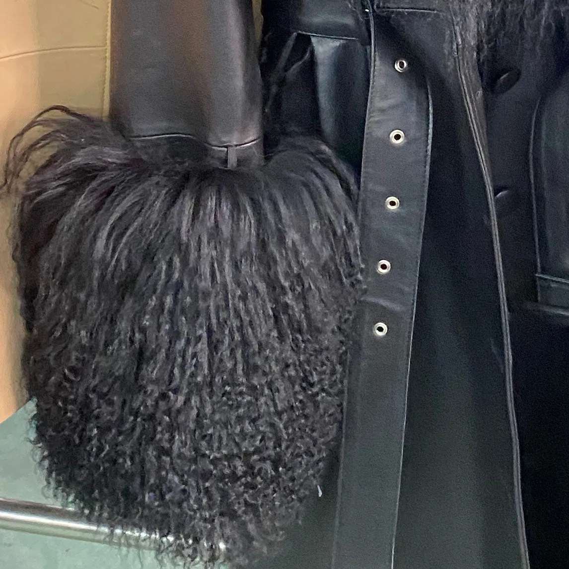 Mongolian Curly Sheep Fur Collar Leather Jacket