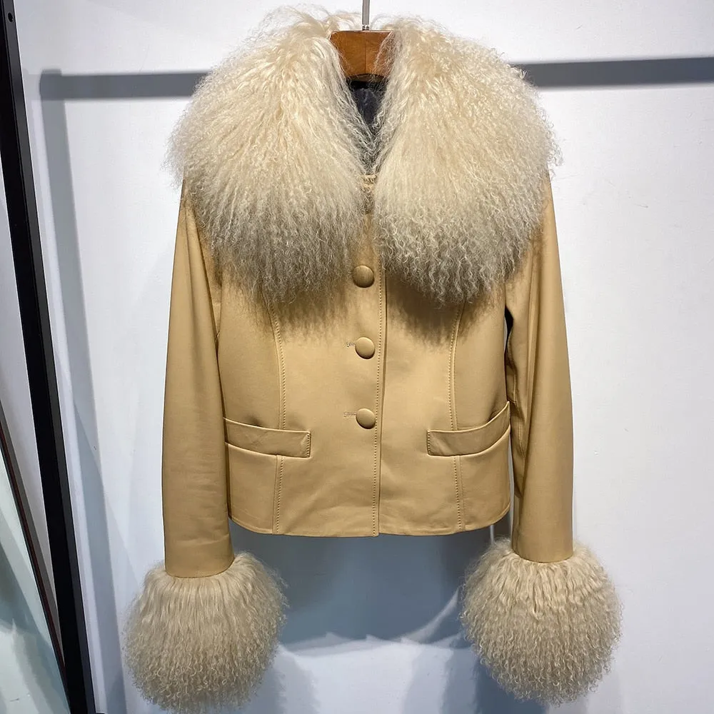 Mongolian Curly Sheep Fur Collar Leather Jacket