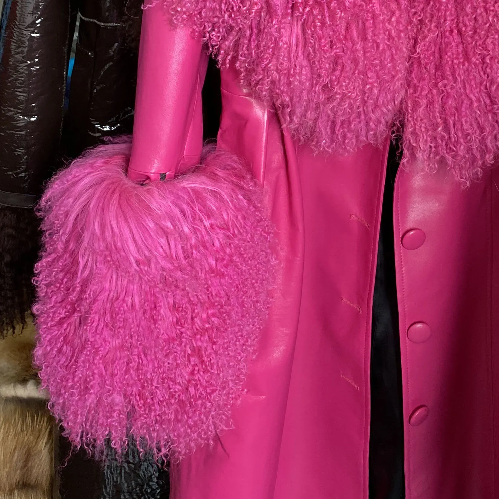 Mongolian Curly Sheep Fur Collar Leather Jacket