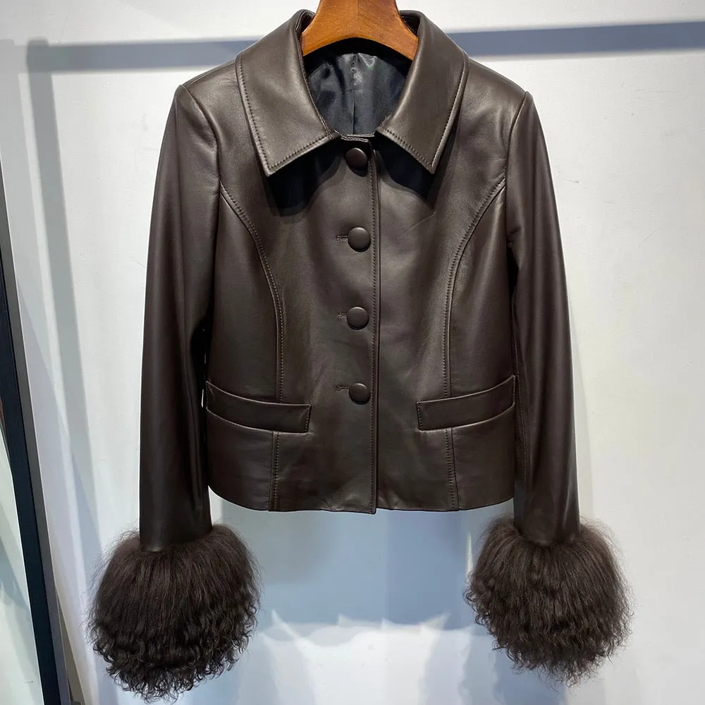 Mongolian Curly Sheep Fur Collar Leather Jacket