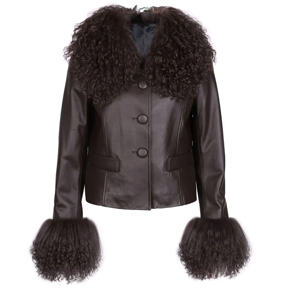 Mongolian Curly Sheep Fur Collar Leather Jacket