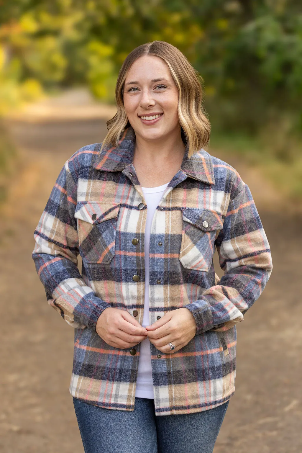 **Norah Plaid Shacket - Tan and Blue