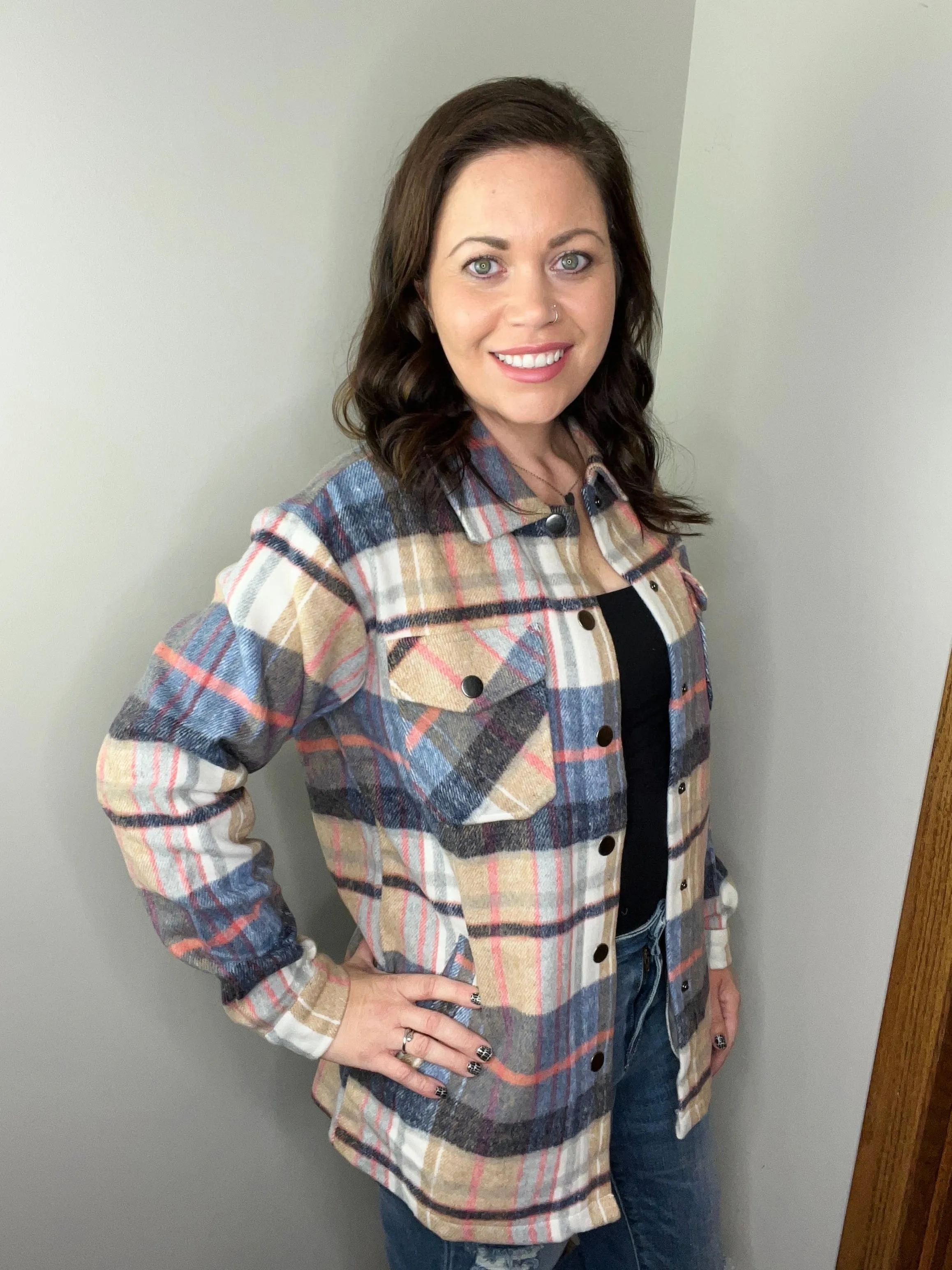 **Norah Plaid Shacket - Tan and Blue