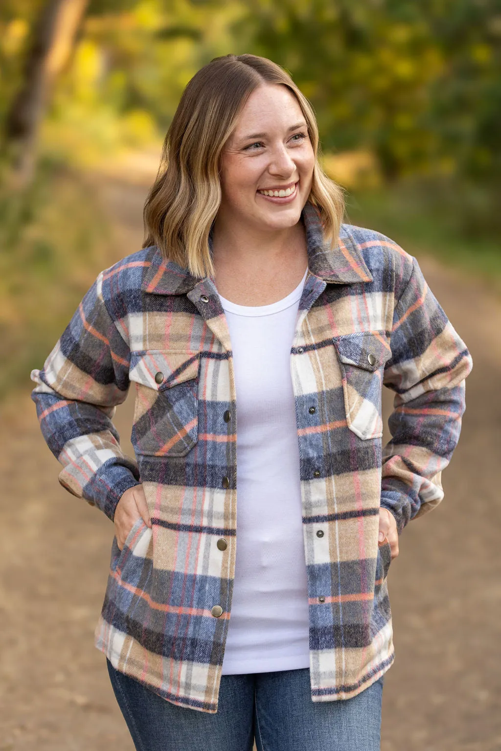 **Norah Plaid Shacket - Tan and Blue