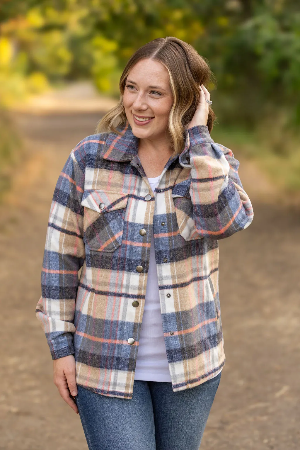 **Norah Plaid Shacket - Tan and Blue