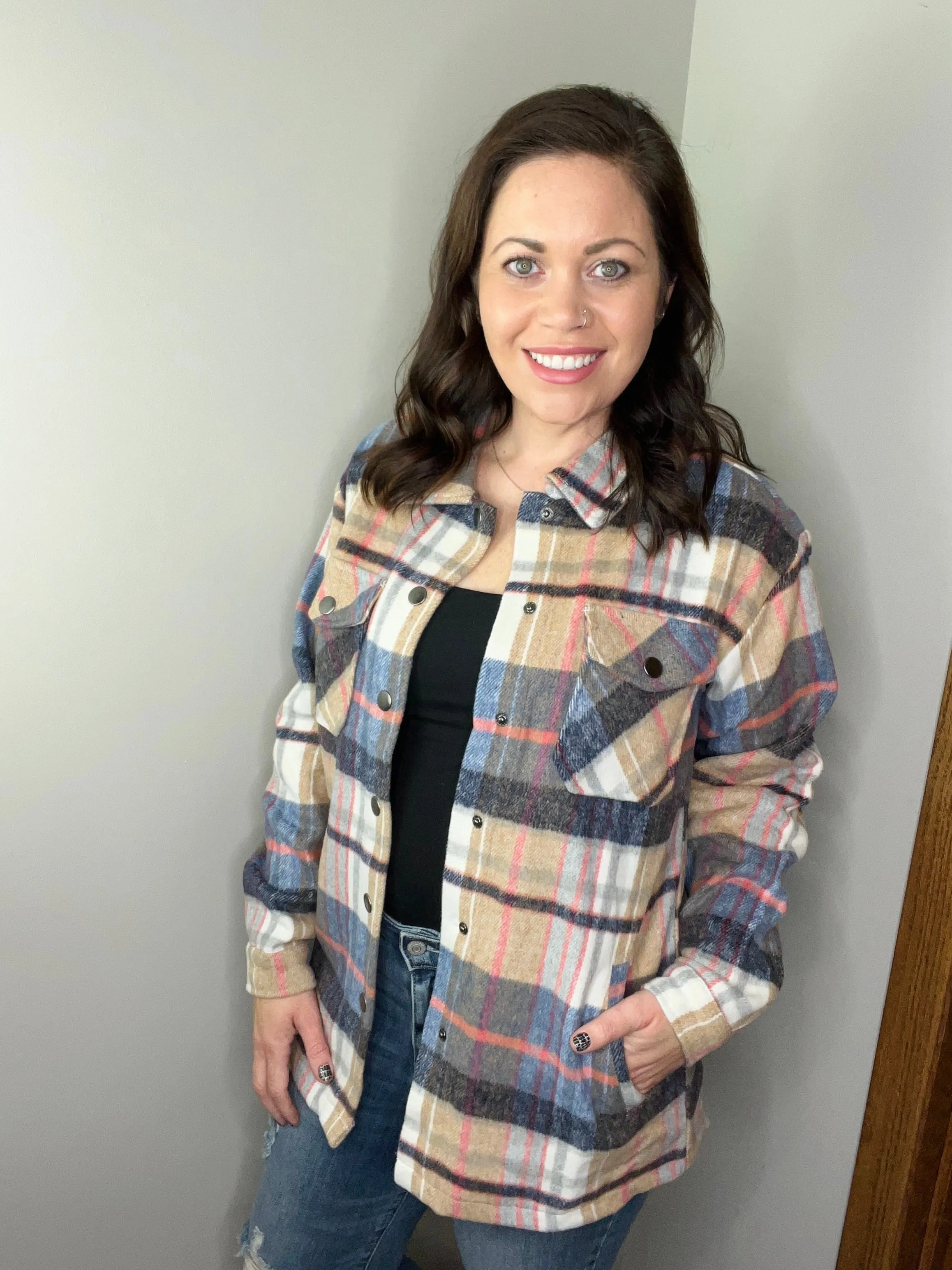 **Norah Plaid Shacket - Tan and Blue