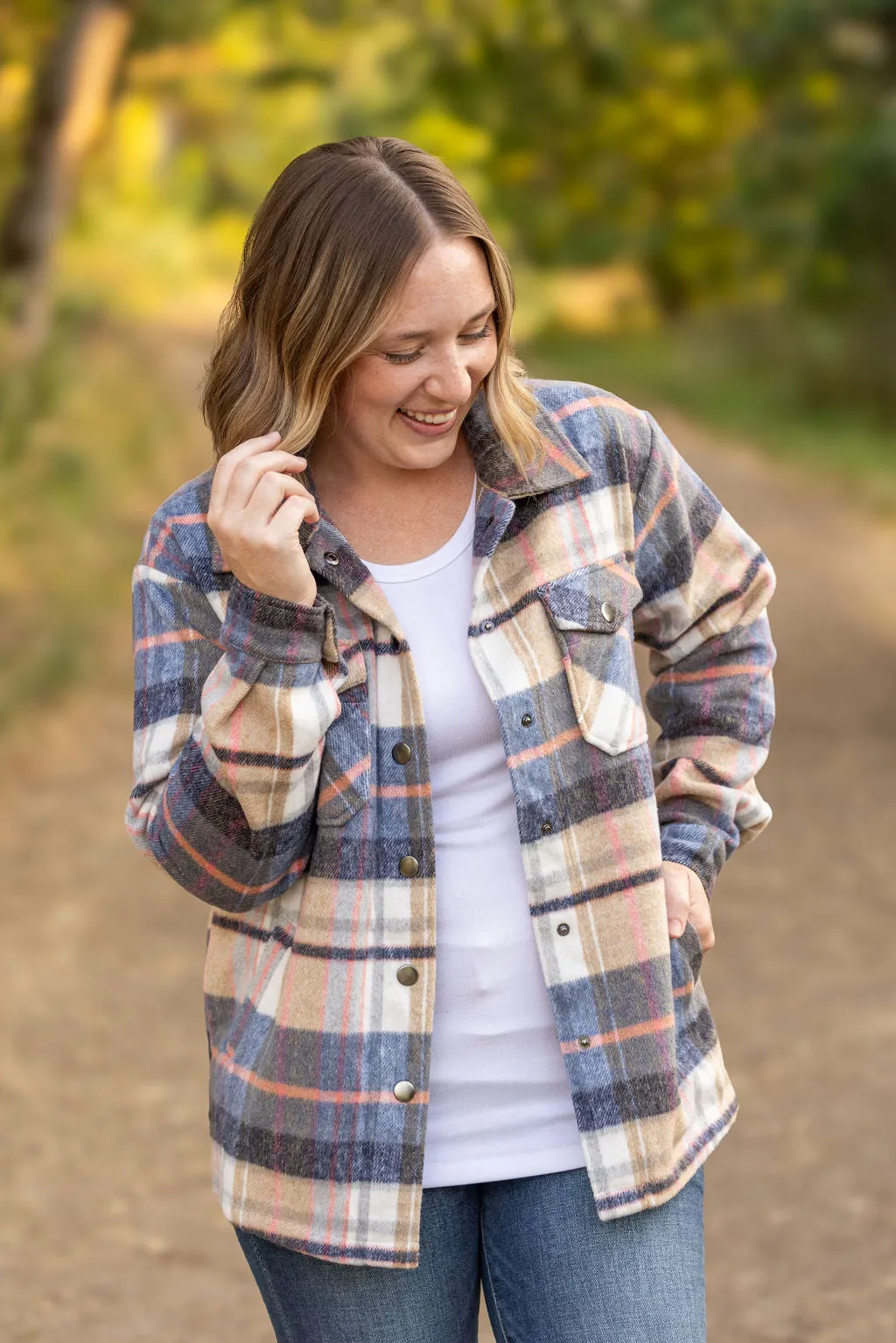 **Norah Plaid Shacket - Tan and Blue