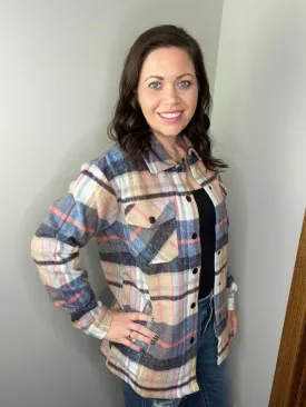 **Norah Plaid Shacket - Tan and Blue