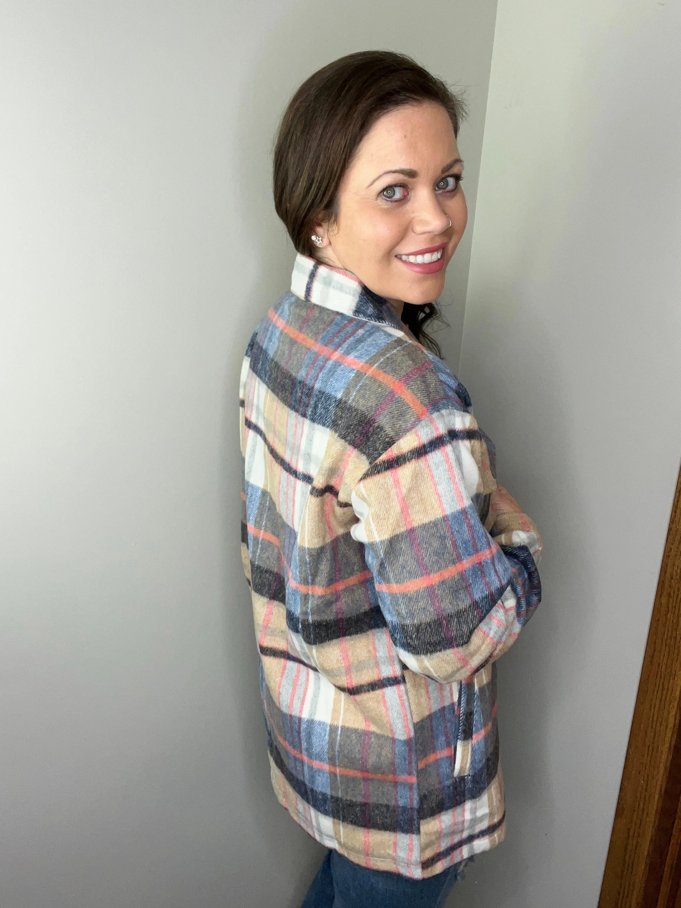 **Norah Plaid Shacket - Tan and Blue