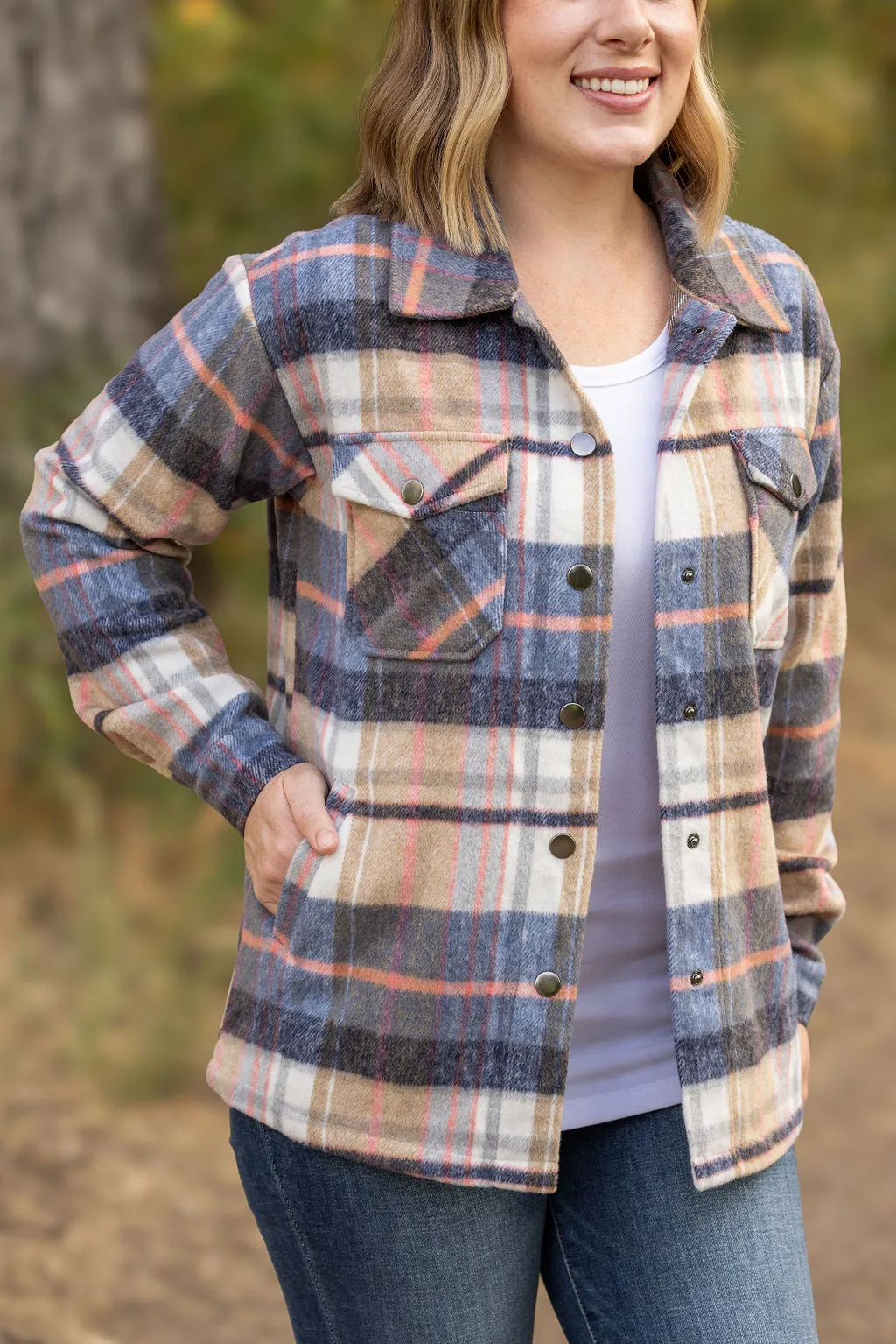 **Norah Plaid Shacket - Tan and Blue
