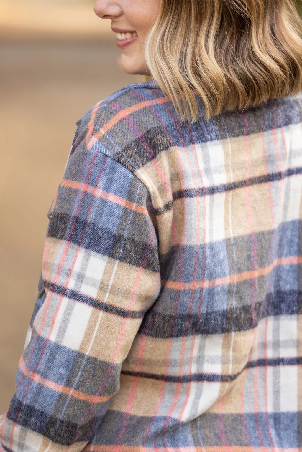 **Norah Plaid Shacket - Tan and Blue