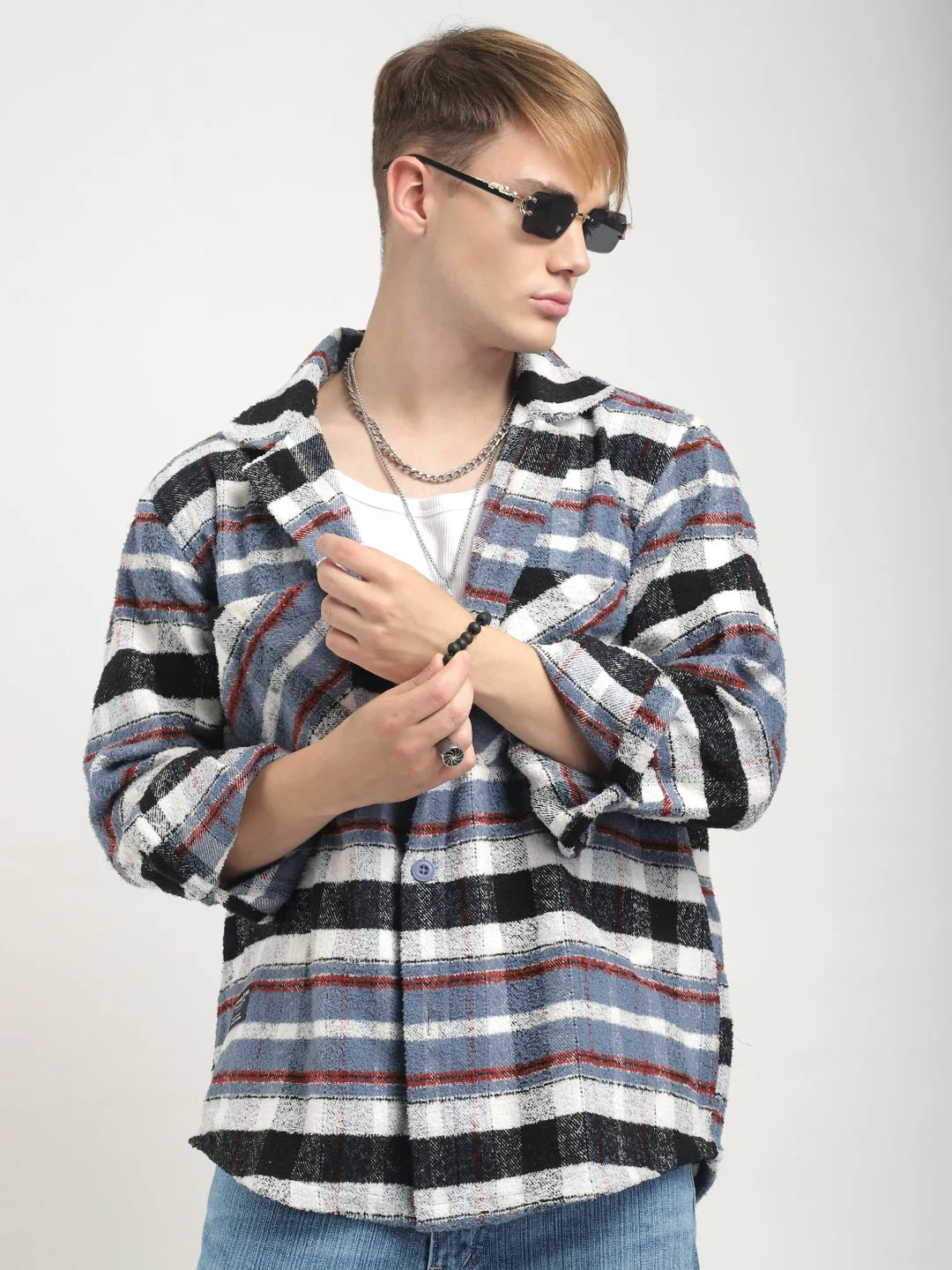 Pure Wool Towel Knitted Sky Check Shacket