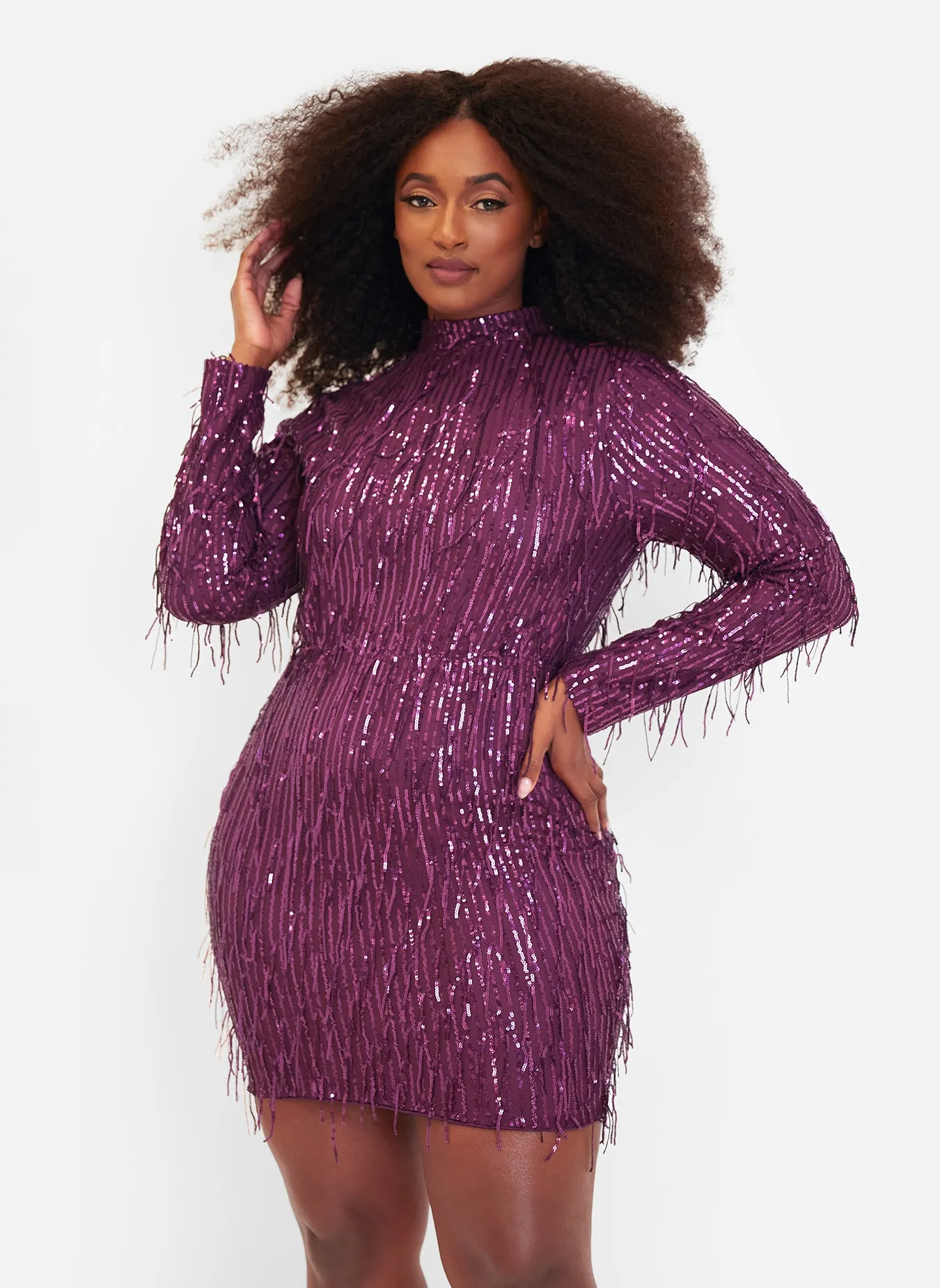 Regina Fringe Sequin Mini Bodycon Dress - Eggplant