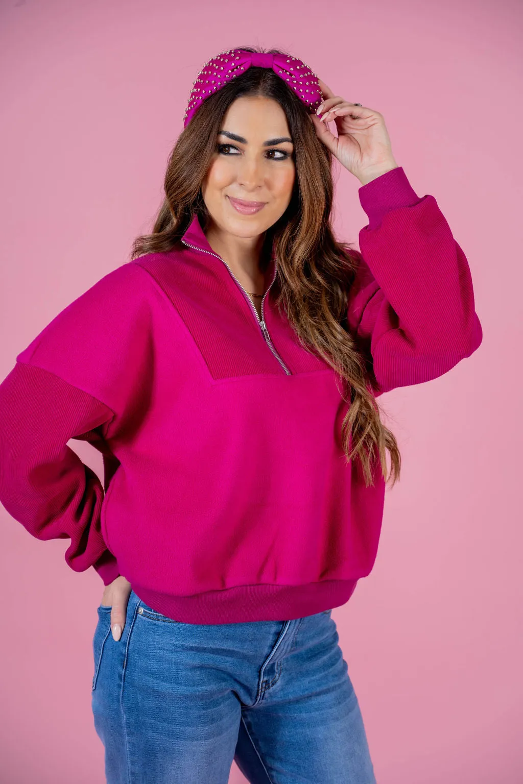 Ribbed Sleeve Quarter Zip Pullover