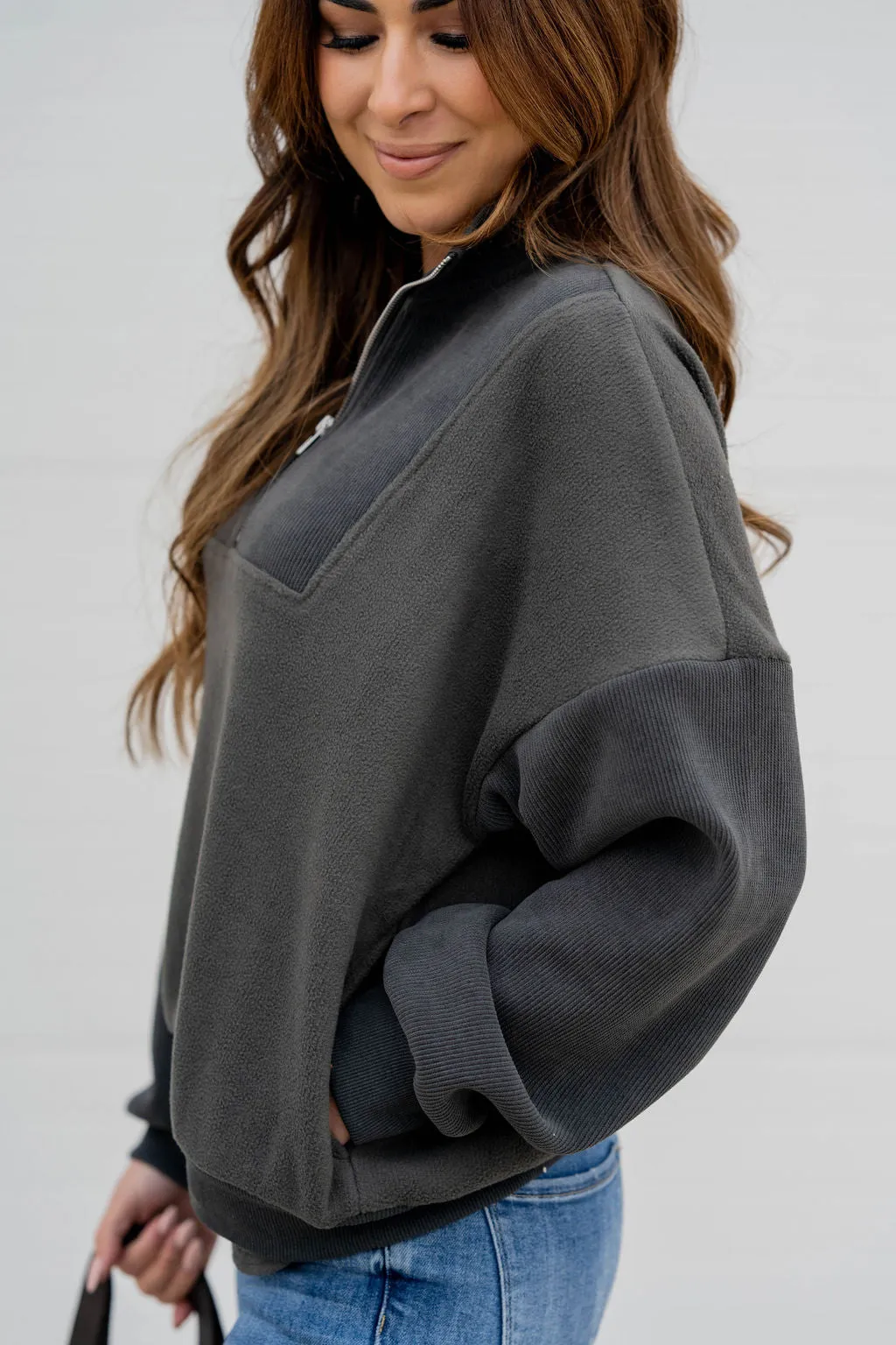 Ribbed Sleeve Quarter Zip Pullover