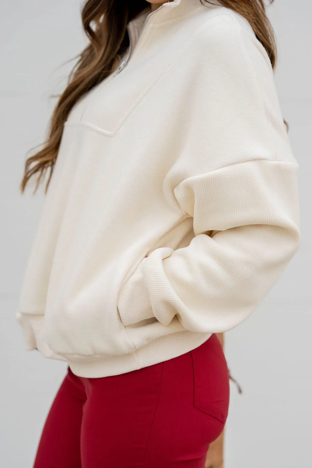 Ribbed Sleeve Quarter Zip Pullover