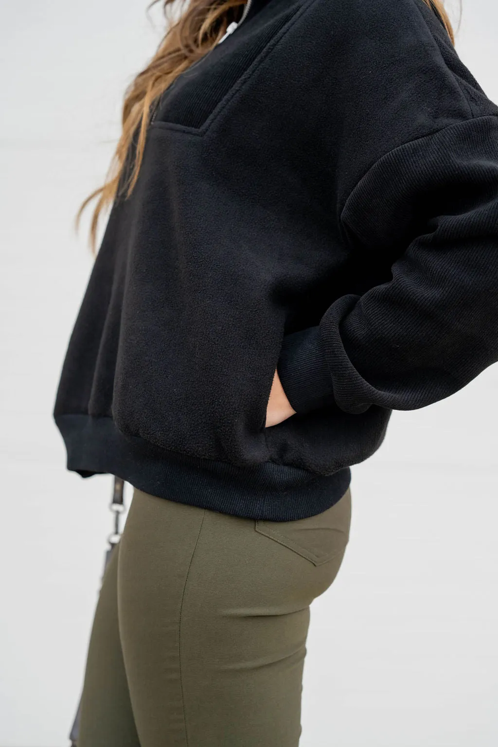Ribbed Sleeve Quarter Zip Pullover