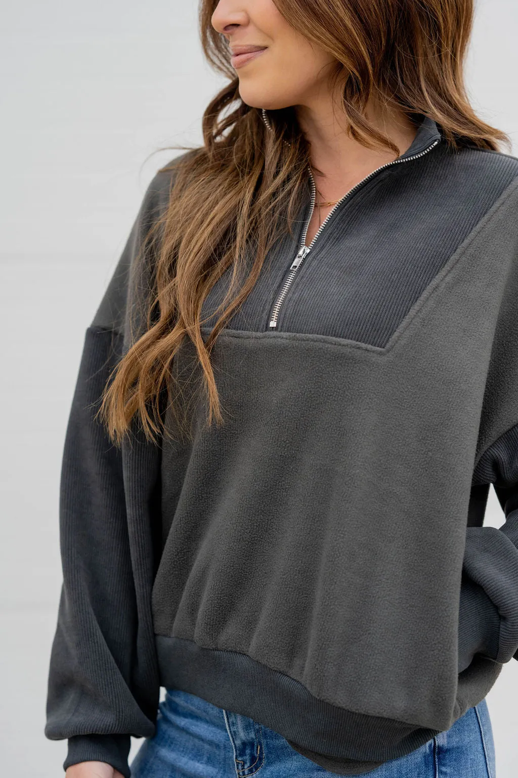 Ribbed Sleeve Quarter Zip Pullover