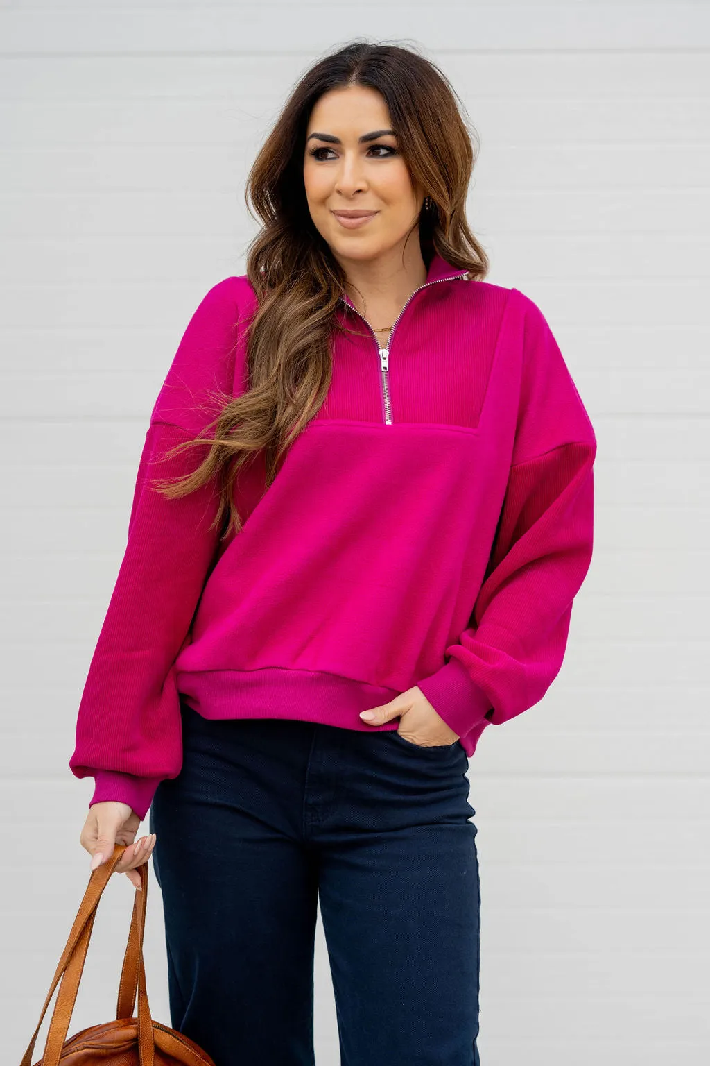 Ribbed Sleeve Quarter Zip Pullover