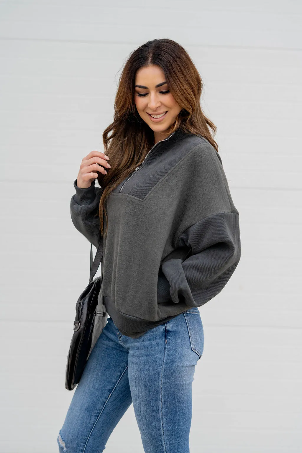 Ribbed Sleeve Quarter Zip Pullover